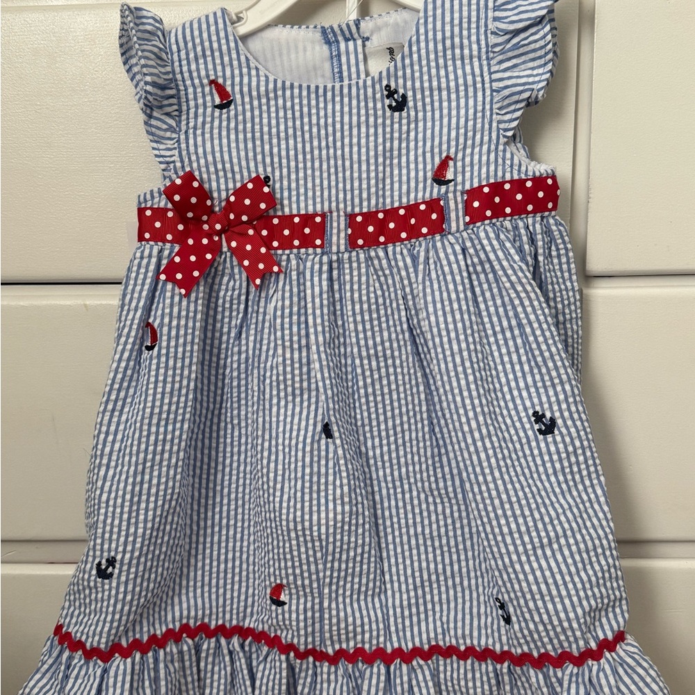 Rare Editions Blue Striped Dress with Red Polka Dot Bow